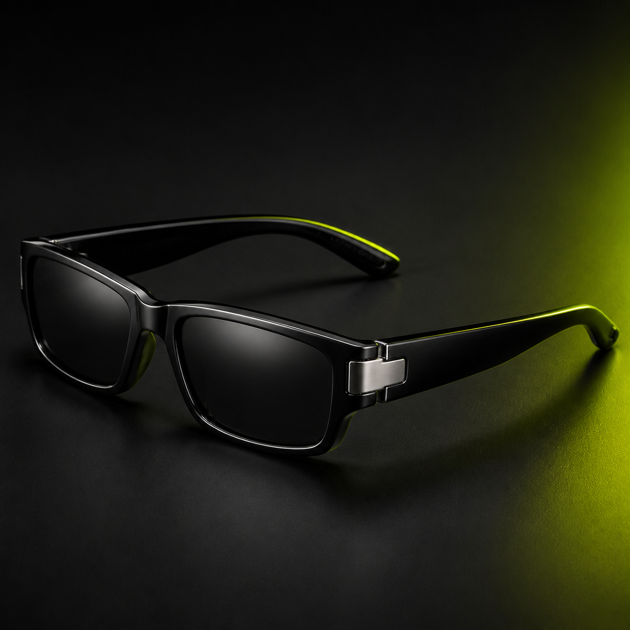 Black Dappacat sunglasses, side profile showing chrome hinge details